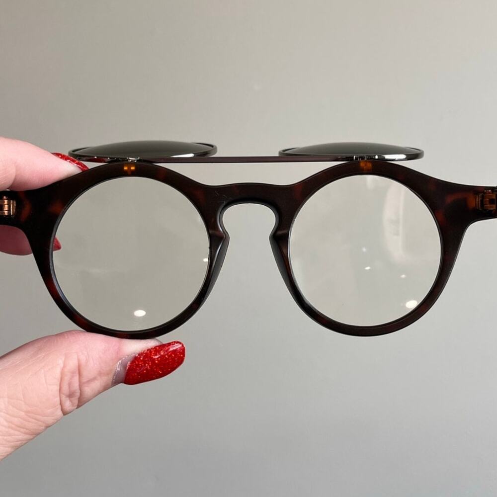 Round Flip Up Y2K Sunglasses Tortoiseshell Retro Steampunk Festival UV400 Shades - Picture 9 of 11